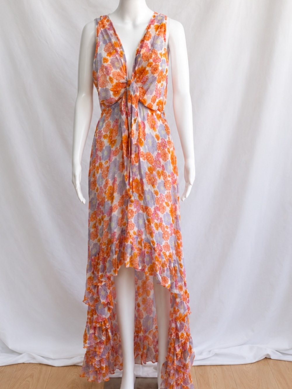 Sundress Delina Maxi Dress Orange Pink Purple Tie Front Ruffle Hem - Size M/L - Picture 2 of 7